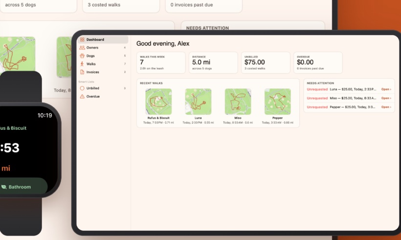 An iPad showing the day's dashboard in front of the same app on a Mac, with an Apple Watch at its side.