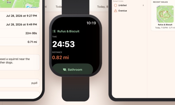 An Apple Watch mid-walk with Rufus and Biscuit — 24:53 on the clock, 0.82 miles, and a Bathroom button — between an iPhone and an iPad.